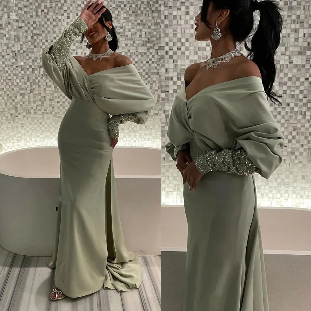 Customized فساتين السهرة Long Sleeve Prom Gown Mermaid Dress V Neck Elegant Evening Middle Eastern Style Платья На Торжество