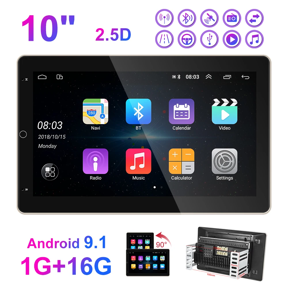 

10 inch Android 9.1 Car Stereo Radio Head Unit 2 Din Rotatable Screen GPS Navi