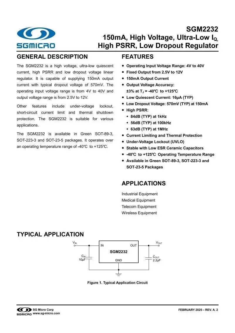 10Pcs/Lot SGM2232-3.3XN5G/TR SOT-23-5,Fixed Output from3.3V,150mA,High Voltage,Ultra-Low IQ,High PSRR,Low Dropout Regulator