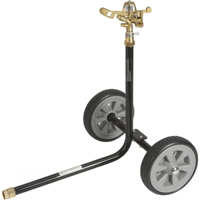 

Wheeled Sprinkler with 3/4 Inch Brass Head 2 Nozzles and 8 Inch Poly Wheels for Lawn Garden Irrigation