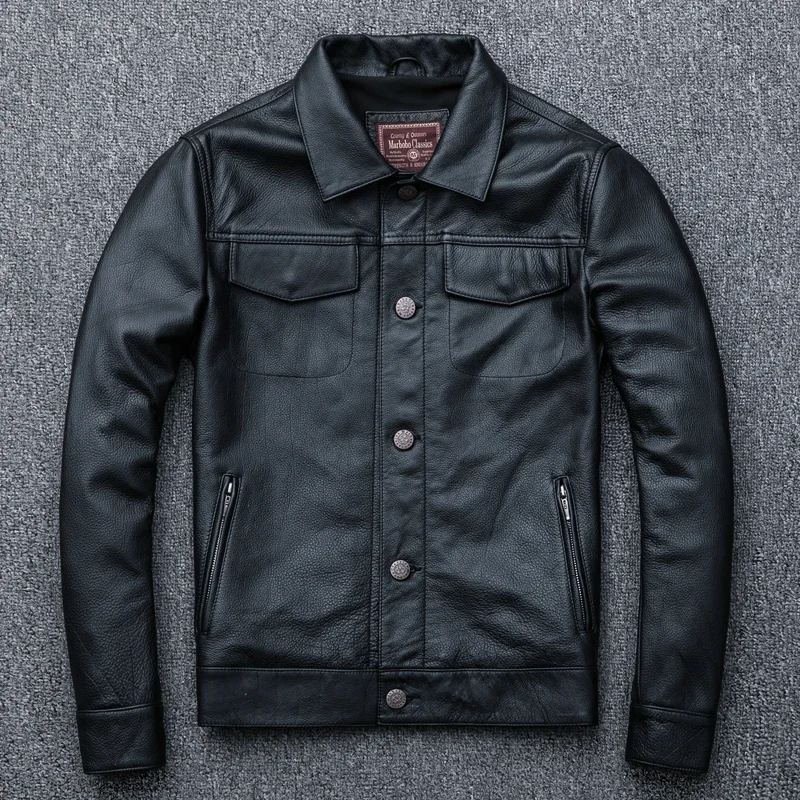 Genuine Leather Denim Jacket Men's Genuine Leather Clothes First Layer Cowhide Motorcycle Lapel Youth Leather Jacket