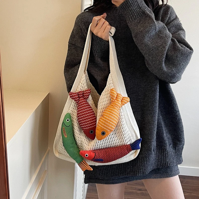 

Lucky Fish Doll Effortless Chic Shoulder Bag,Crochet Knit Contrast Color Patchwork Women Tote Bag,Boho Slouchy Travel Handbag