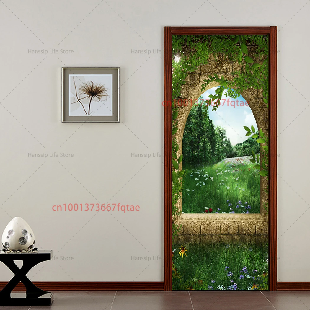 3D Forest Castle Theme Door Sticker Renovation Self-Adhesive Bedroom Wall PVC Sticker Bamboo Forest Path Decoration Sticker