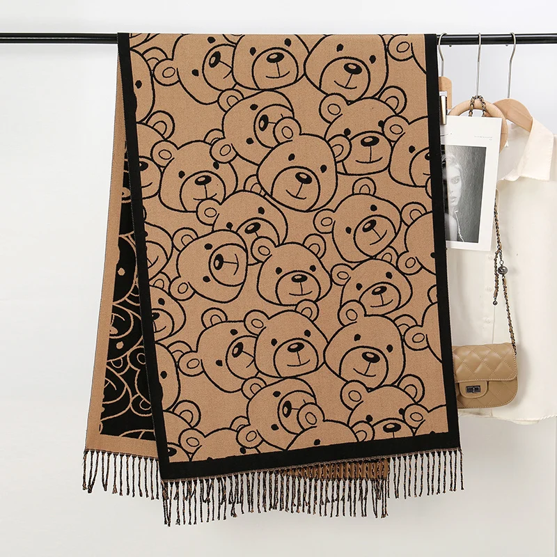 

Thick Blanket Bear Print Scarf Women Winter Cashmere Warm Design Pashmina Shawls Lady Wraps Poncho Stoles Female Bufanda 2023