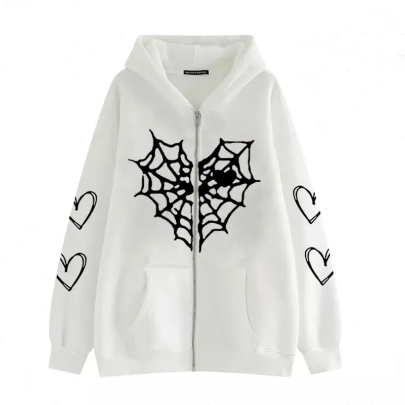Sudadera con capucha Y2K Harajuku para mujer, con cremallera, gráfico de telaraña y arañas, estilo urbano, holgada, de moda gótica, chaqueta, top, ropa