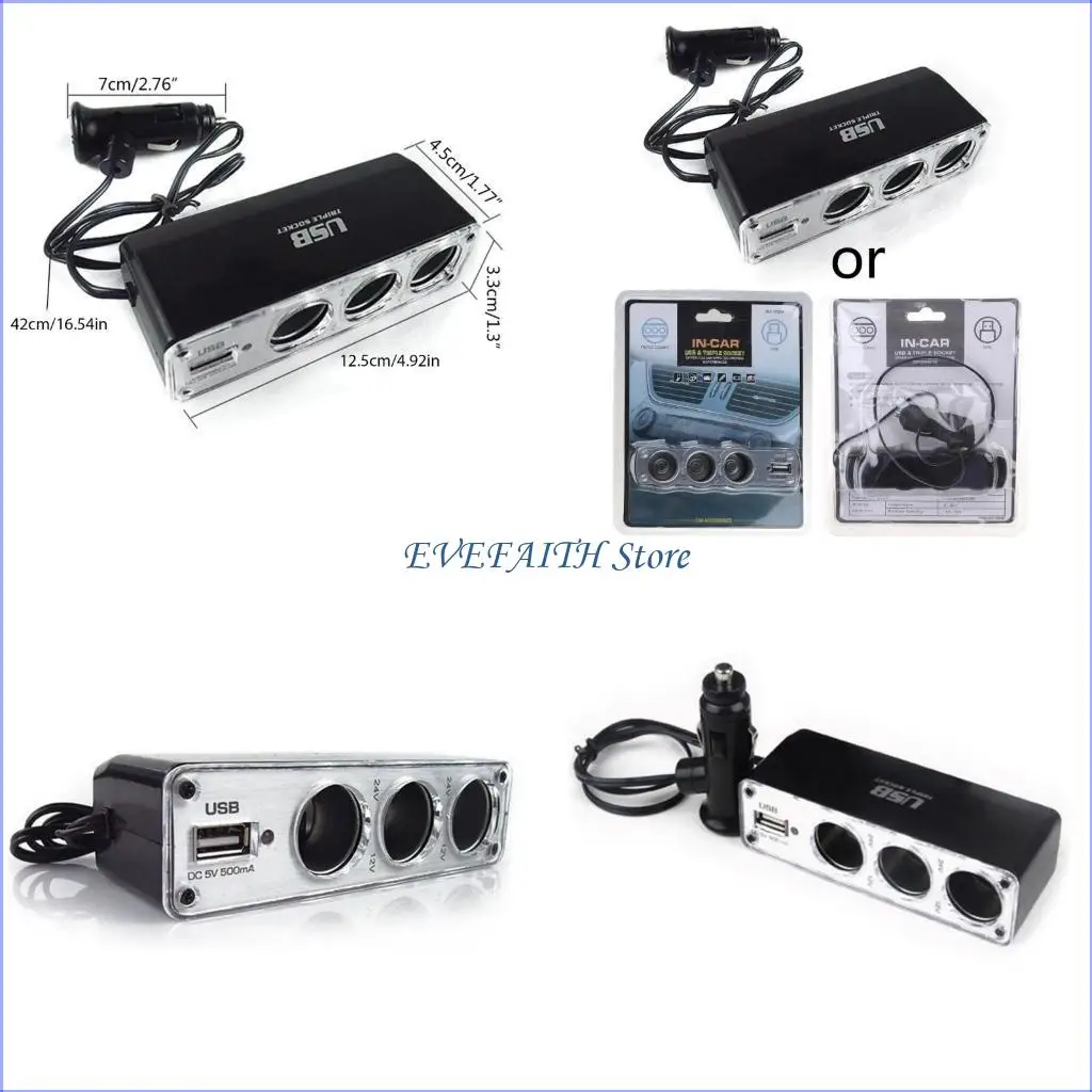 124B Convenient Car Power Triple Adapter 3 Way Cigarettes Splitter USB Port