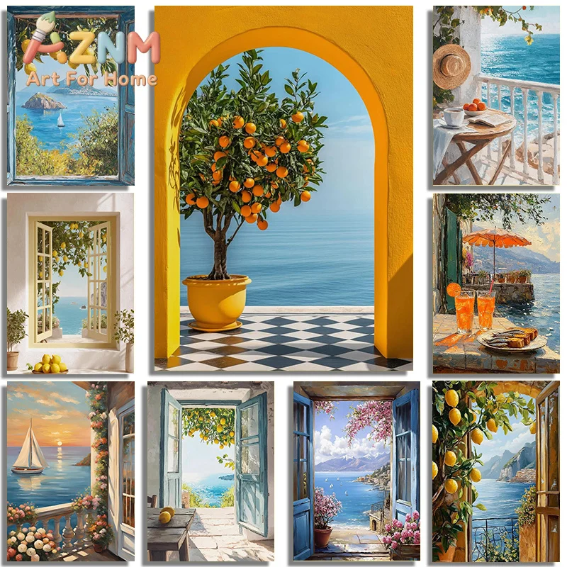 Fresh Italian Summer Ocean Landscape Art Poster Canvas Printing Coastal Villa Hotel Homestay Wall Decoration Painting Framele