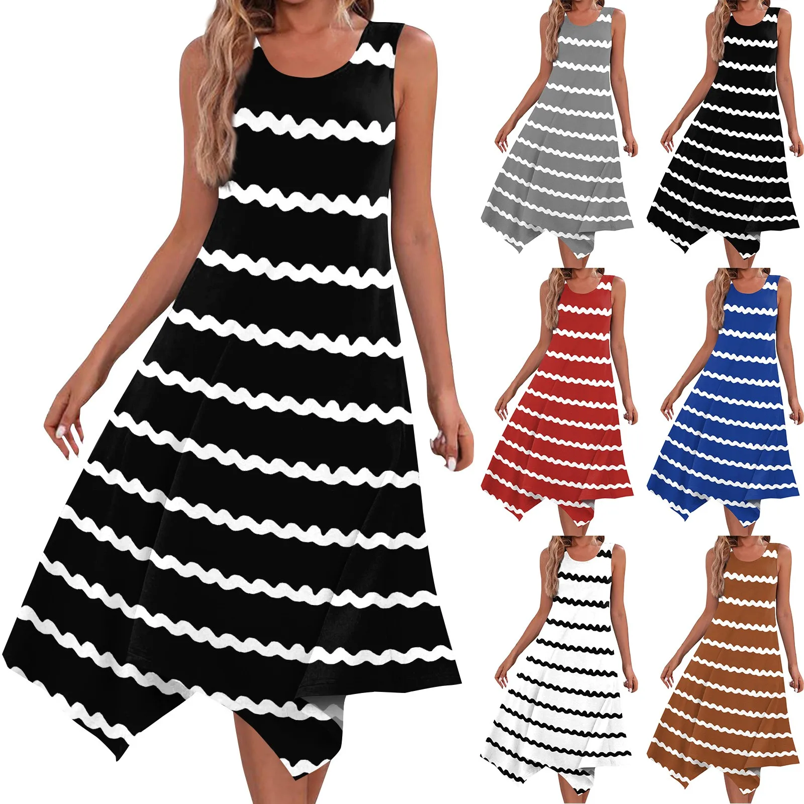 Summer Women Striped Dress Irregular Hem Sleeveless Midi Dress Fashion Casual Loose Elegant Party Dress Vestidos