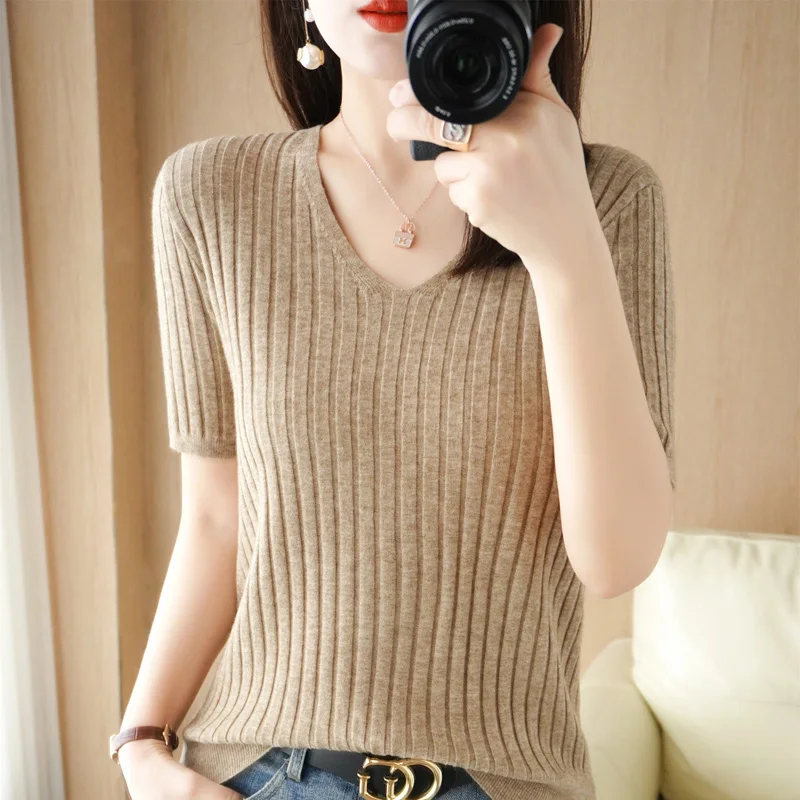 2022 New Women\'s V-neck Short-Sleeved Cashmere Sweater Pullover short sleeve Soft