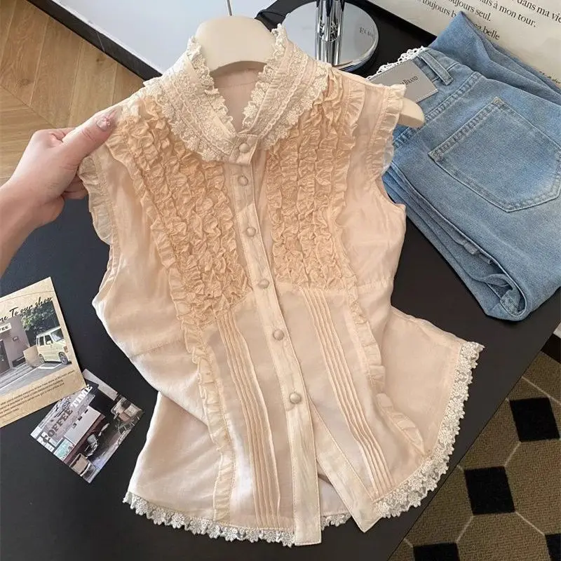 

Casual Sweet Fungus Flying Sleeve Blouses Summer Fashion Sleeveless Cardigan Vest 2025 New White Preppy Blusas Mujer