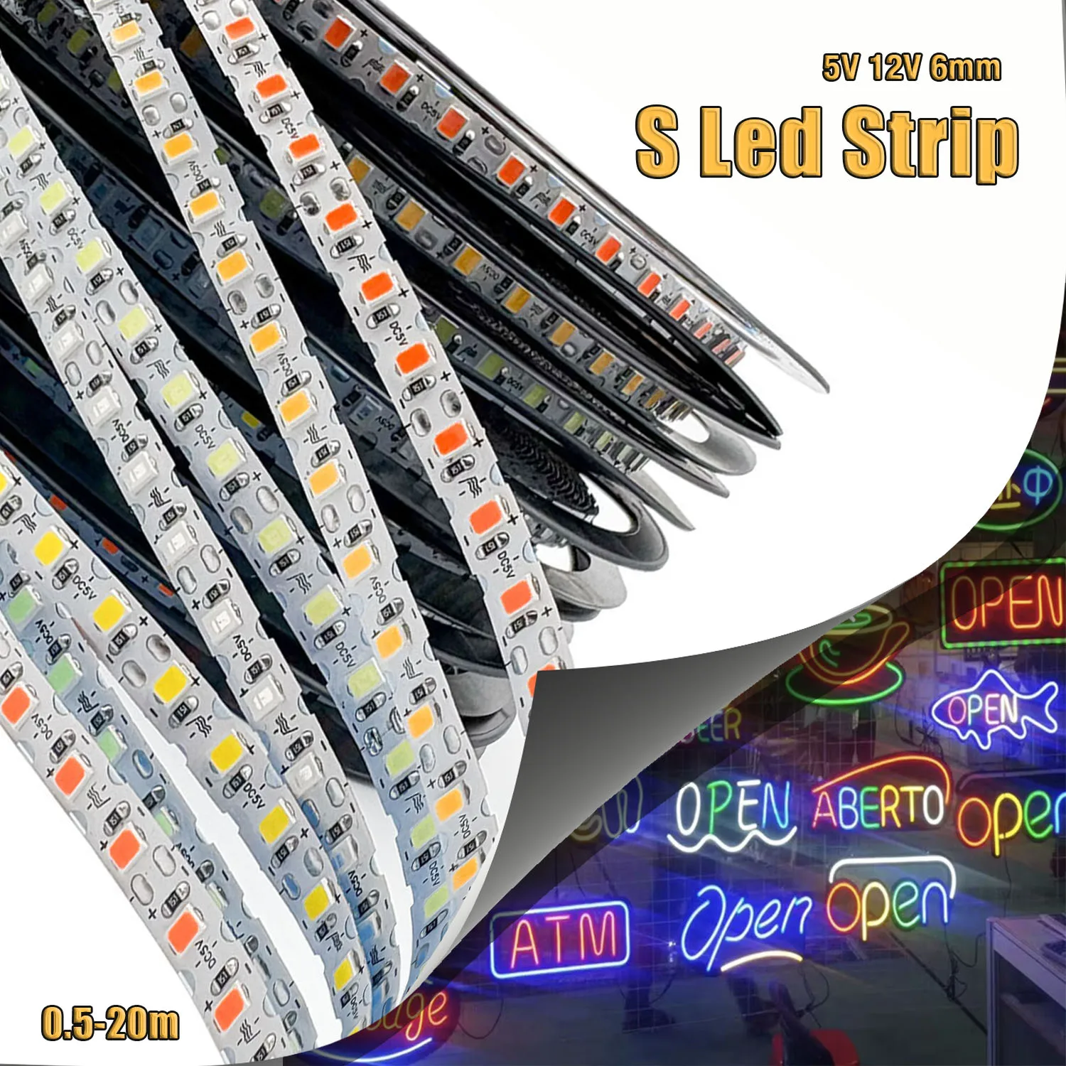 6mm S-Shaped LED Neon Strip SMD2835 120LEDs/m, 5V 12V Flexible Silicone Tube for DIY Neon Signs
