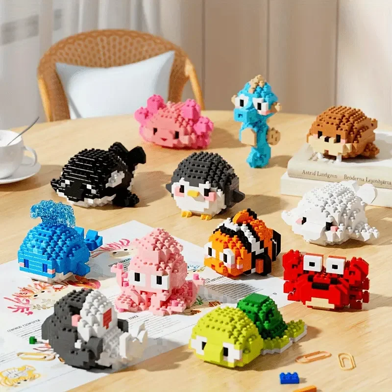 

New marine life series building blocks turtle, beluga, seahorse, crab, octopus, shark, clown fish, killer whale assembled toys