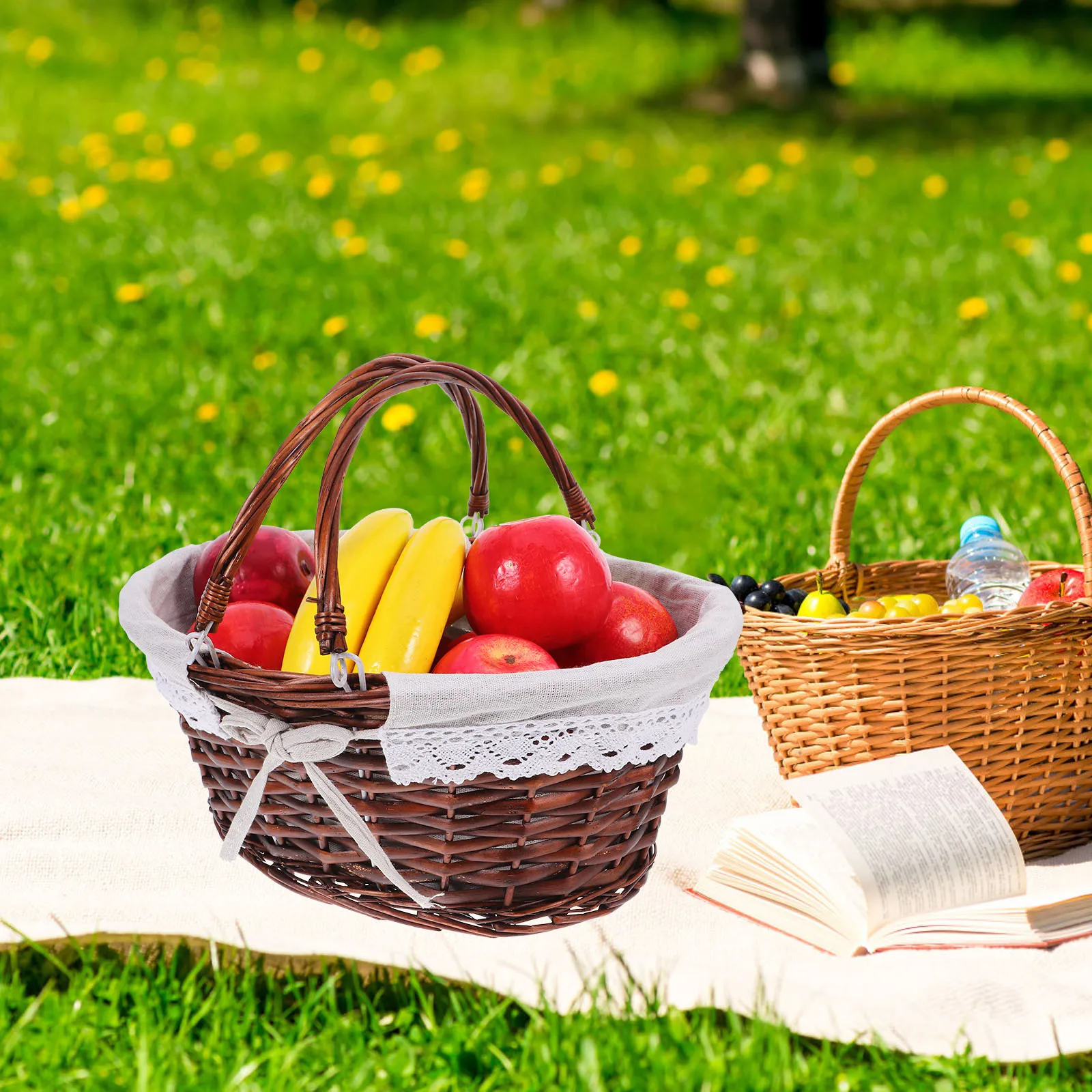 

Woven Storage Basket with Handle Multi-Function Handmade Fruit Vegetable Carrier Vintage Picnic Basket for Home Decoration