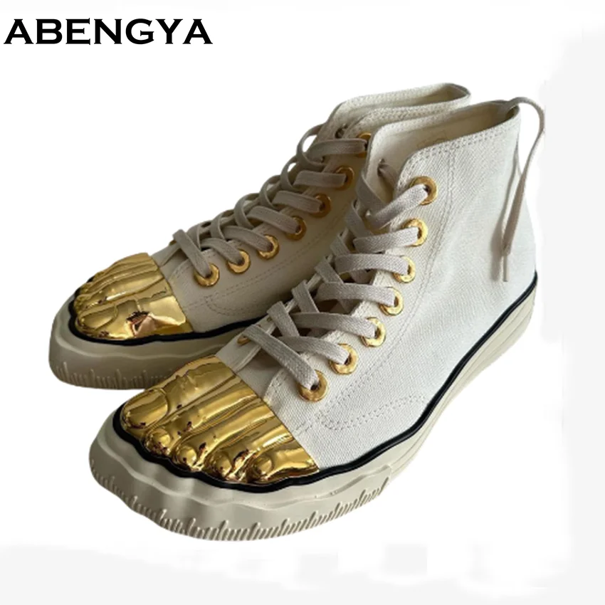 High Top Flat Platform Women Sneakers Canvas Tennis Trainers Men Lace Up Gold Finger Casual Shoes For Woman Male