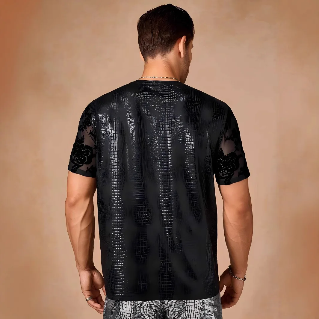 Summer New Men's Street Fashion Crocodile Pattern Splicing Top Trend Casual T-Shirt Club