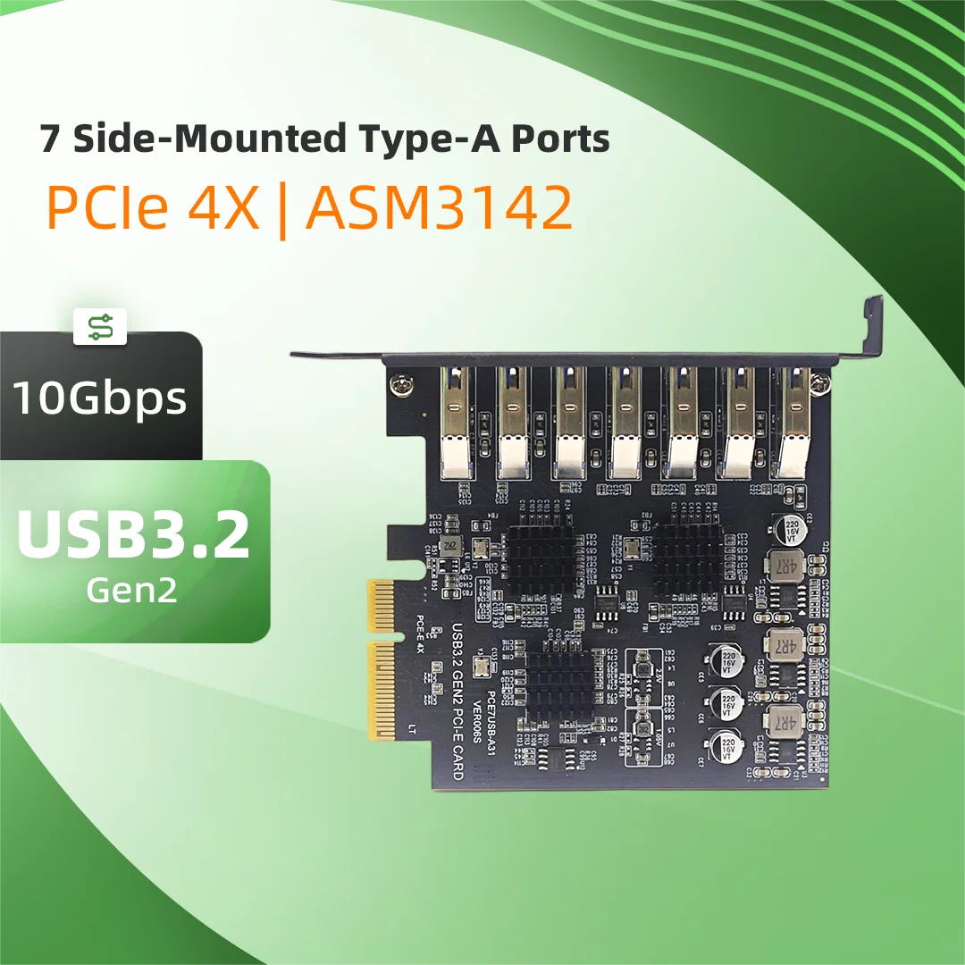 pcie-4x-usb-32-gen2-10gbps-expansion-card-7-ports-side-insert-type-a-asm3142-chipset-pci-e-usb-hub-adapter-for-desktop-pc