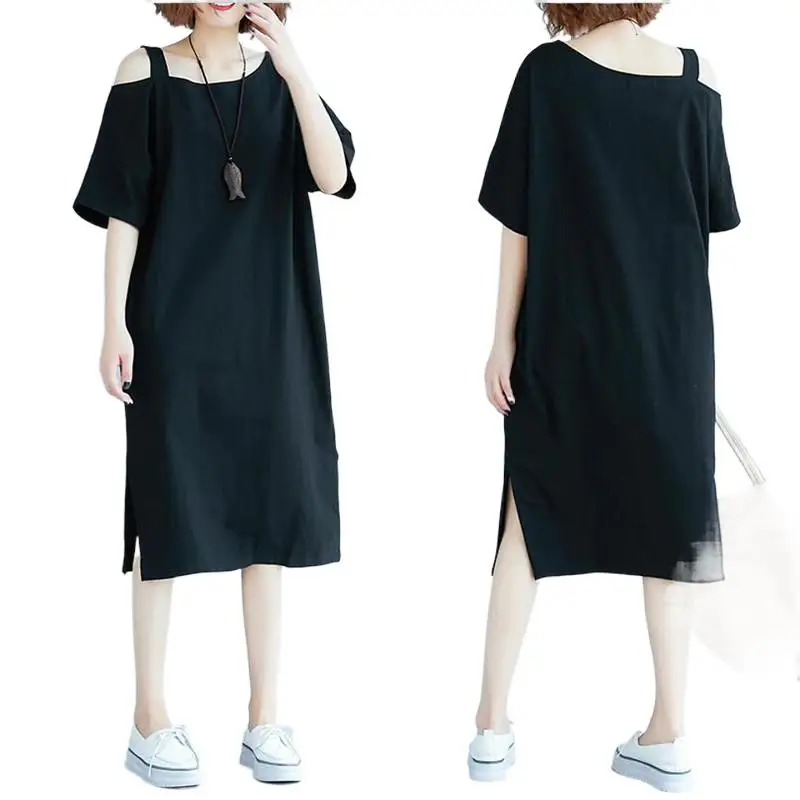 

Preppy Style Solid Straight Dress Women Off Shoulder Shirt Dress Slash Neck Summer Half Sleeves Casual Loose Dress