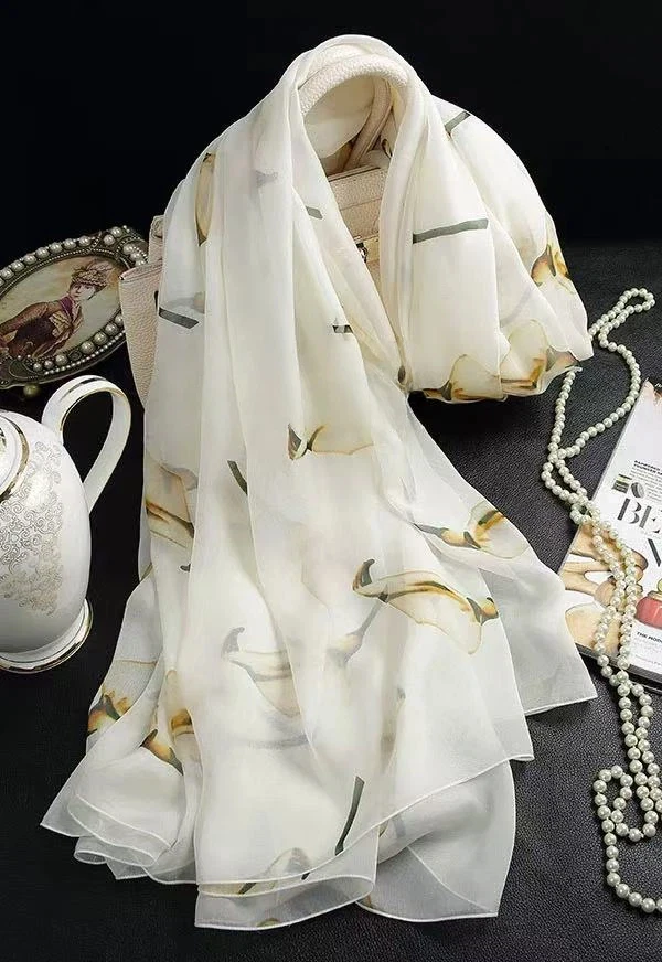 Women Floral Silk Scarf Long Shawl Wrap White Tulip Print Silk Scarves 100% Silk Beach Cover Up Scarf for Wedding Daily Dress