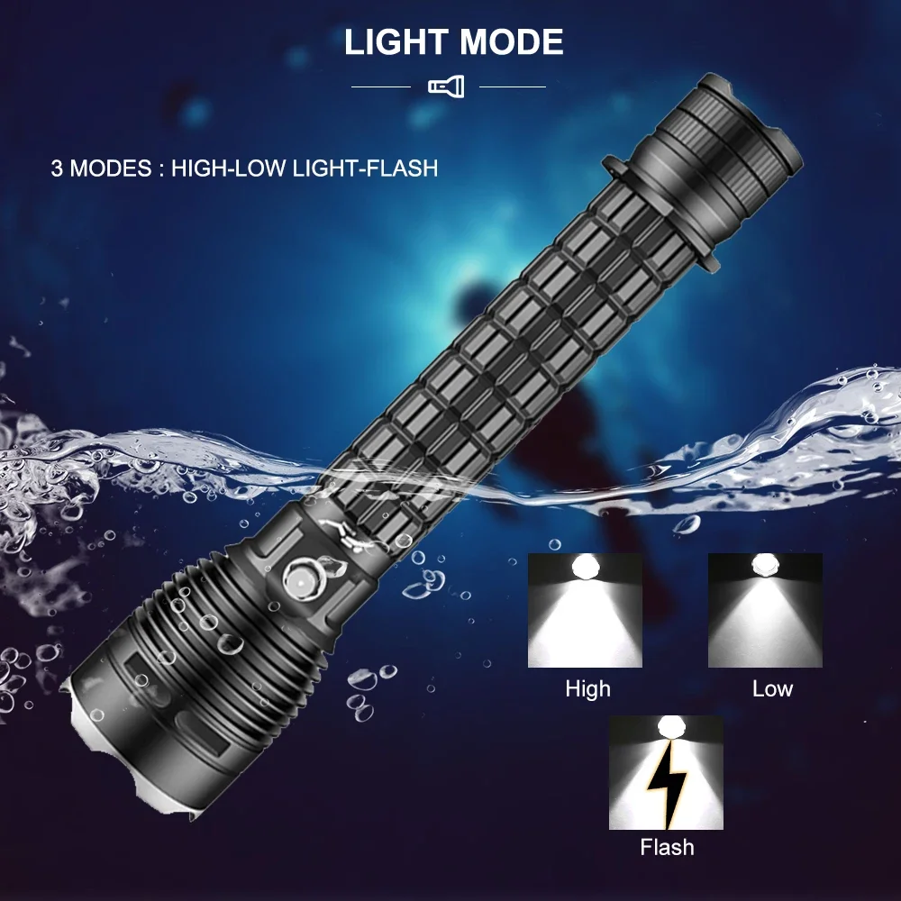 Luz LED de buceo XHP70, linterna subacuática de 30M, 1500-1800LM, 200M de alcance, interruptor de presión, IPX8, lámpara impermeable para buceo, natación al aire libre