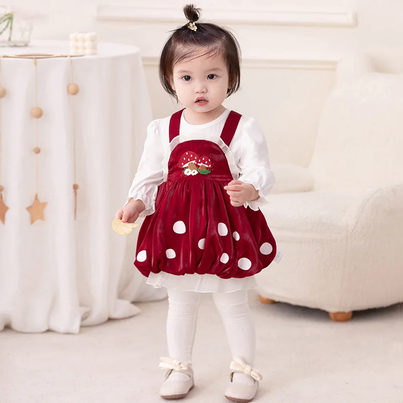 2024 Newborn Girl Two Piece Set Fashion Long Sleeves Top Sweet Embroidered Suspender Skirt Cute Toddler Child Casual Party Sets