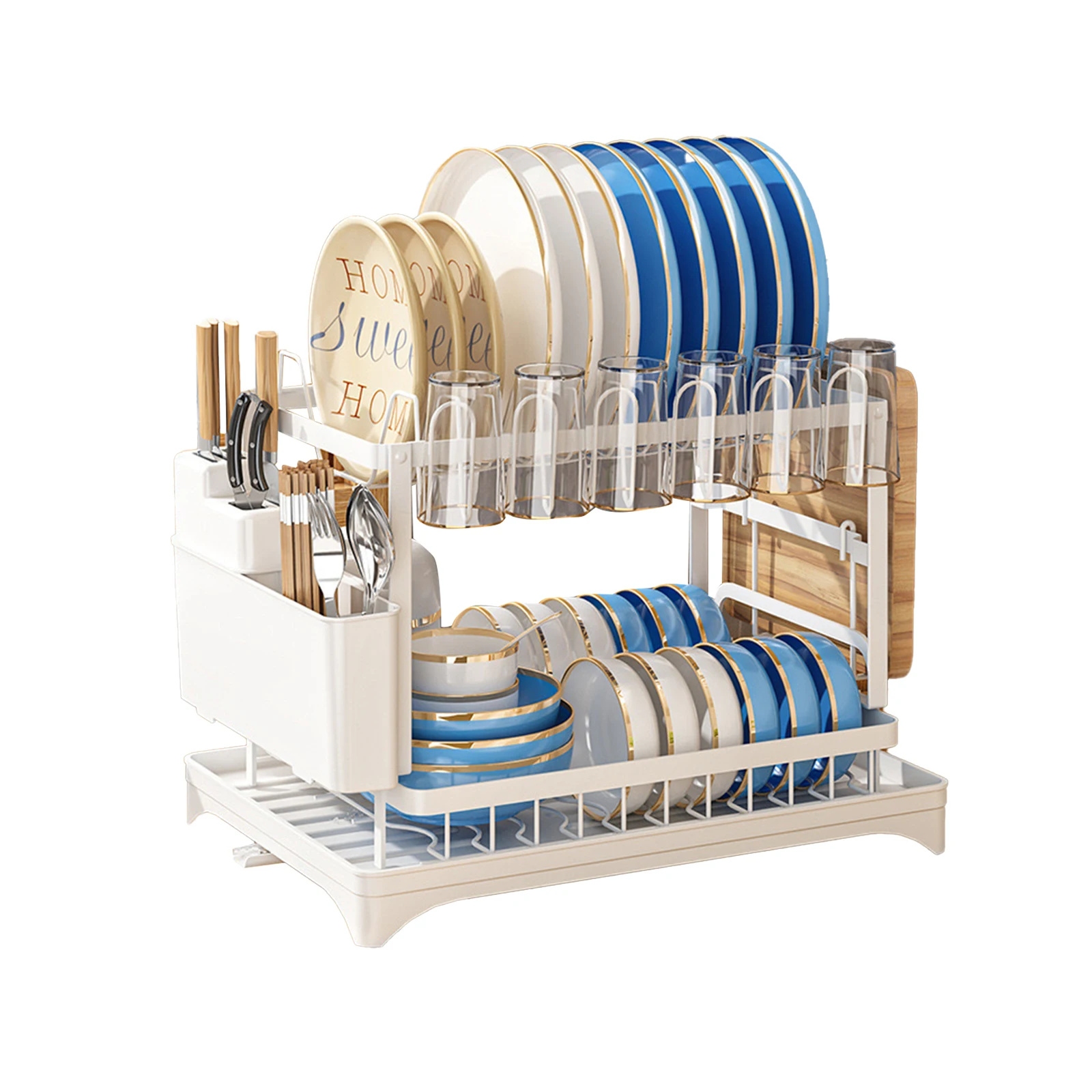 Storage Rack 2 Tier Dish Bowl Drainer Dish Drying Rack with Drain Basket Countertop Kitchen Sink Dinnerware Organizer Drainboard