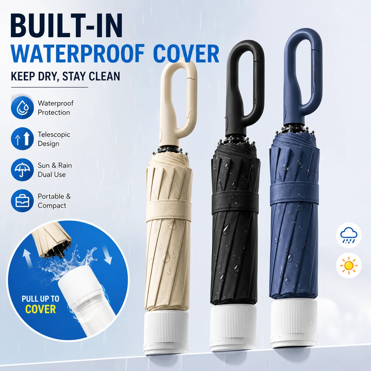 2026 New Ten Double Skeleton Ring Buckle Handle Uv Umbrella with Waterproof Cover Automatic Open and Close Three-folding Design