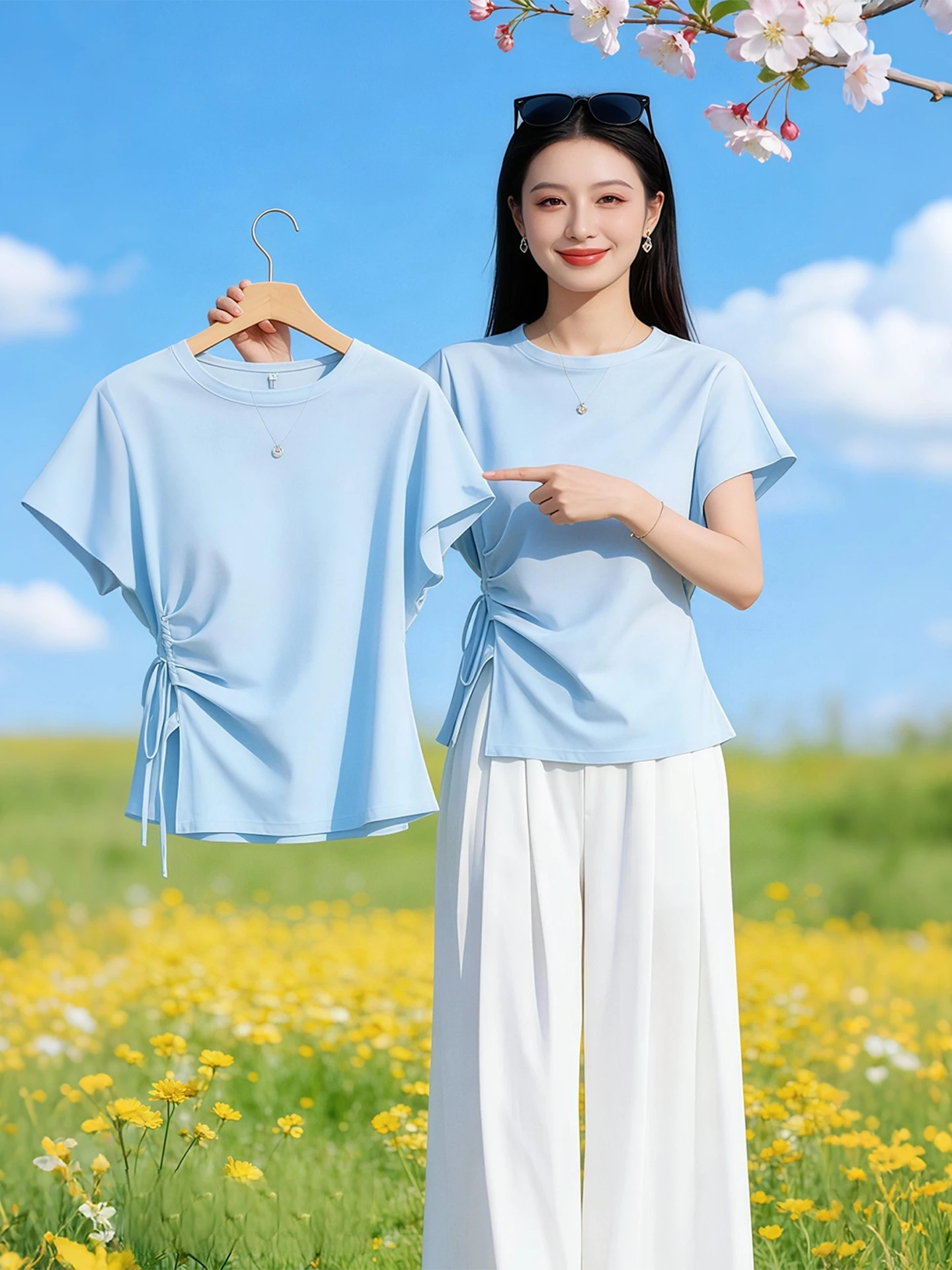 

Blue Short Sleeve Slim Fit Top And Wide Leg Pants Two Piece Set Women's Fashion Summer Outfit Casual Commute Style