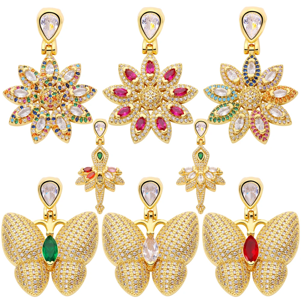 Juya 18K Gold Plated Rainbow Crystals Ballerina Flower Butterfly Charms For DIY Long Chains Sweater Pendant Jewelry Making