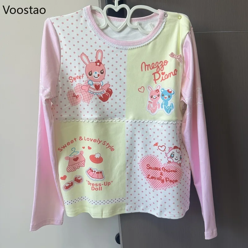 Sweet Kawaii Lolita Style Women T-shirt Cartoon Print Lace O-Neck Contrast Color Casual Tee Tops Japanese Y2k Aesthetic Tshirts