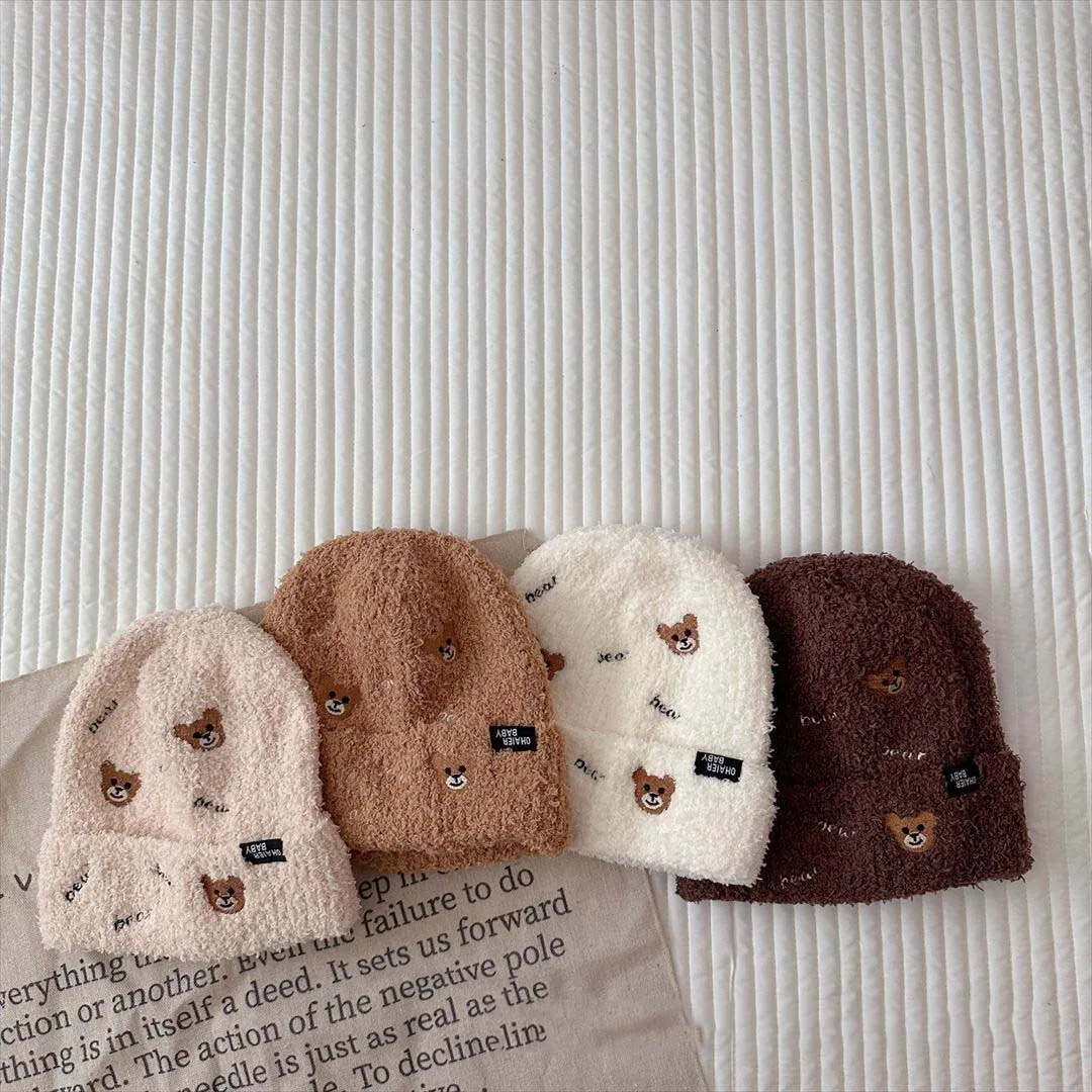 Embroidered Bear Baby Hat 2023 Autumn Winter Plush Kids Beanie Warm Hat Korean Baby Ear Protection Caps