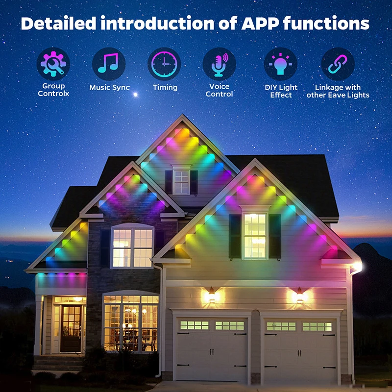 영구 실외 조명 RGB 72 LED 스트링 조명, 원격 및 투야 앱 제어, 방수 LED 처마 휴일 장식 램프, 100FT