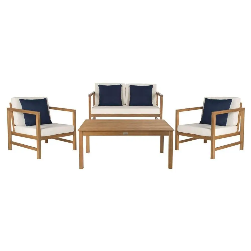 

Outdoor Collection Montez Natural Beige Cushions Navy Pillows 4Piece Conversation Patio Set
