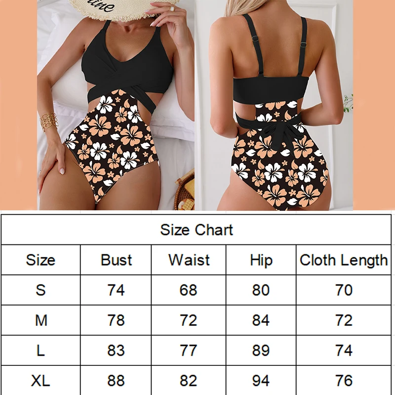 Chest Cross Bikini Set One Pieces Beach Suit Print Flower Swimming set Waist Hollowed Out Bikini