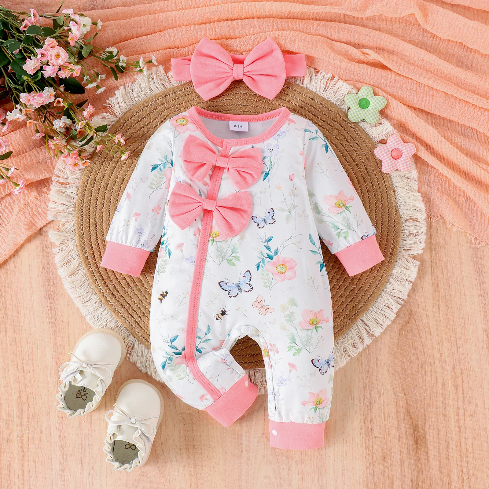 2PCS Autumn New Style For 0-1 Year Old Girl Baby Sweet And Cute Round Collar Printed Long-Sleeved Jumpsuit Pants + Hair Band