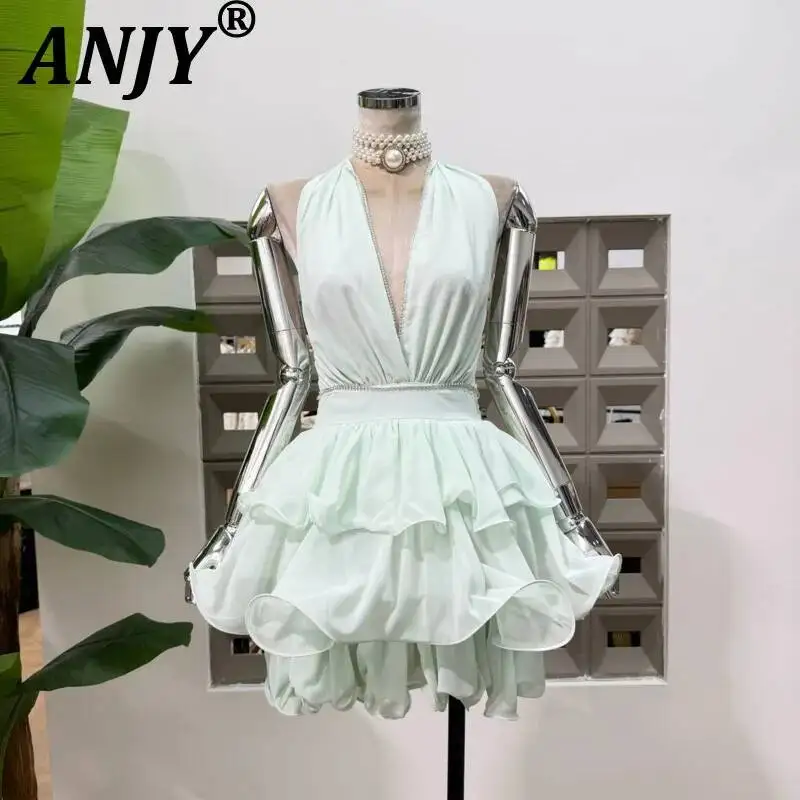 

ANJY Summer New Women Elegant Lace-Up Halter V-Neck Ruched Chiffon Tiered Dress Waist-Cinching Sleeveless Fashion Dresses A23547
