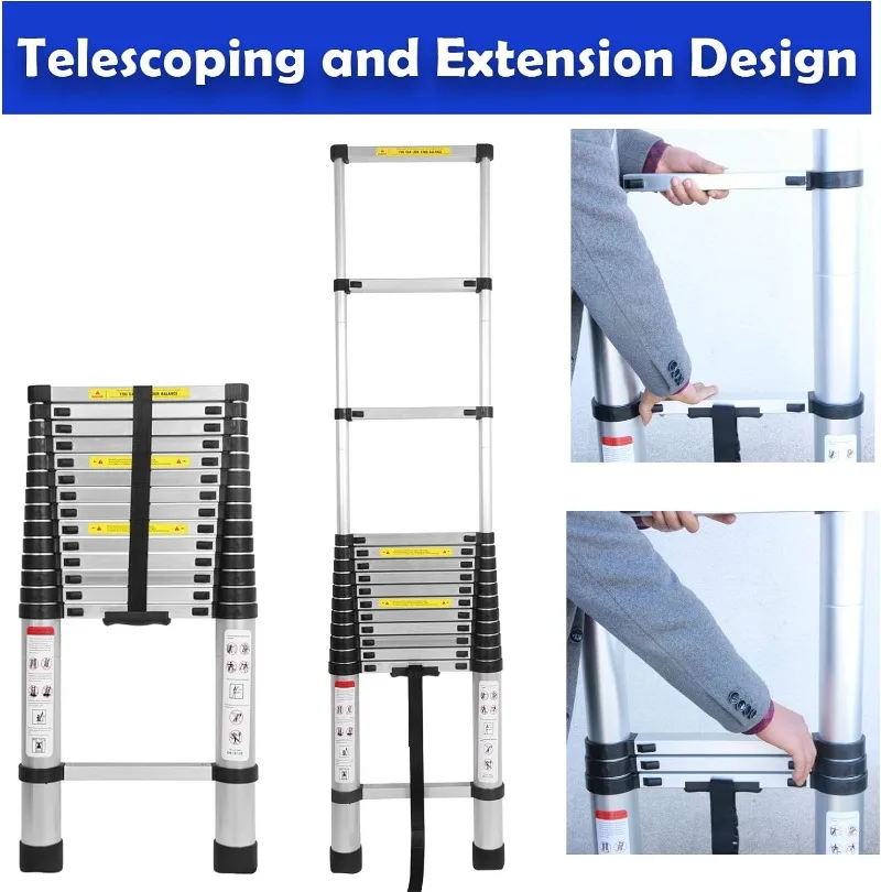 20ft 6.2M Aluminum Telescoping Ladder, w/ 2 Detachable Hooks, Anti-Slip Rubber Feet Portable Folding Ladder, 330lbs Max Capacity