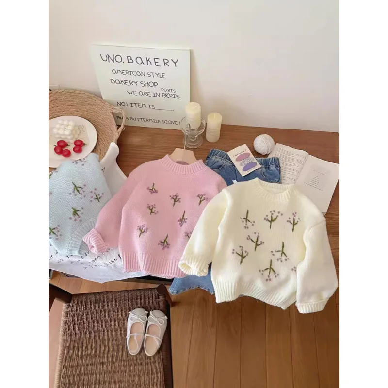 

Girls' Handmade Knitted Sweater Autumn New Korean Style Children's Clothing Baby Girls' Cute round Neck Wool Pullover Sweater So