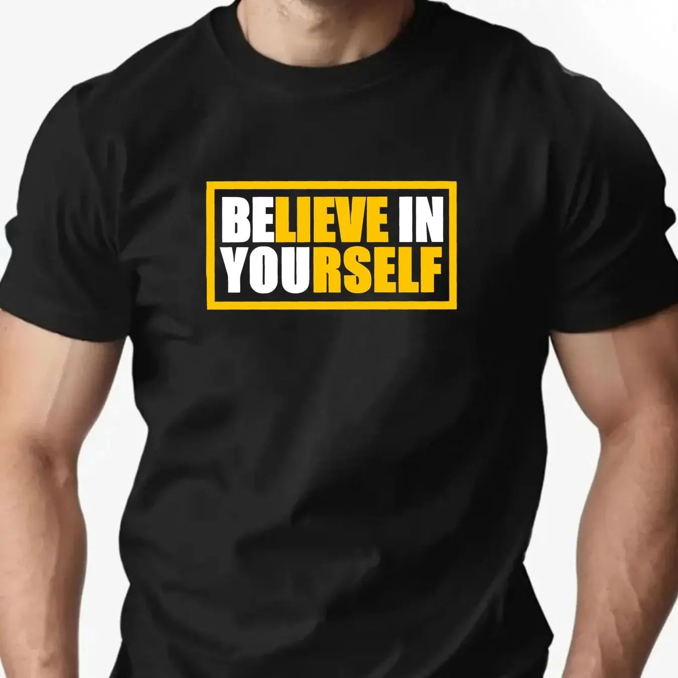 

Pop T-Shirt Men 100% Cotton English Letter BELIEVE IN YOURSELF Print Round Neck Breathable Oversized Tee Casual Fashion Clothing