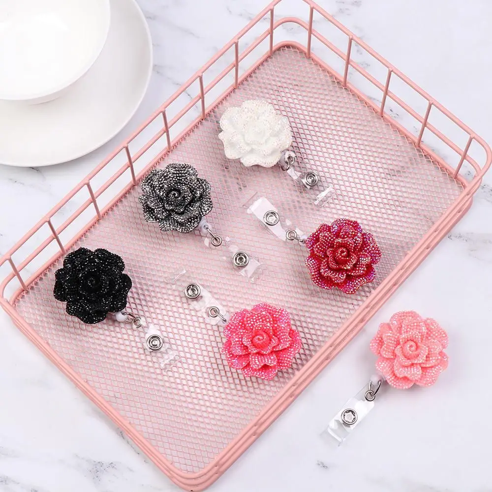 New Rose Shape Design Badge Reel Resina Retrátil Enfermeira ID Card Badge Reel Holder Elegante Floral ID Holder Lanyard Chaveiros