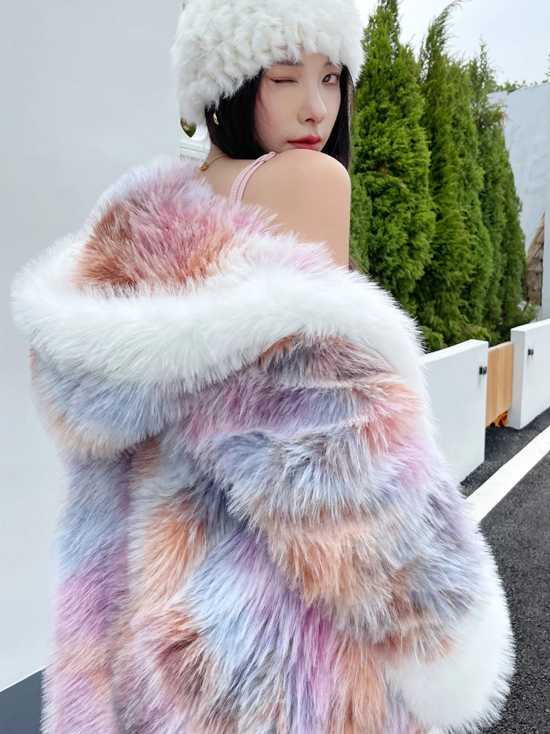 Woman Loose Dream Pink Long Faux Fur Coat 2023 Winter New Streetwear Women\'s Chinese Ancient Style Hooded Color Furry Jackets