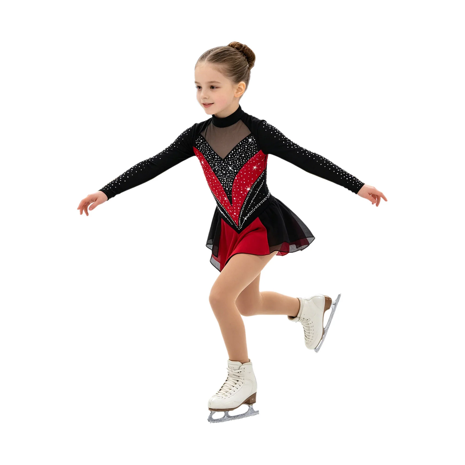 Kinder Mädchen Strass-Gymnastik-Trikot Eiskunstlauf Ballett Lyrisches Tanz-Auftrittskostüm Trikotkleid mit unregelmäßigem Saum – Detail 15