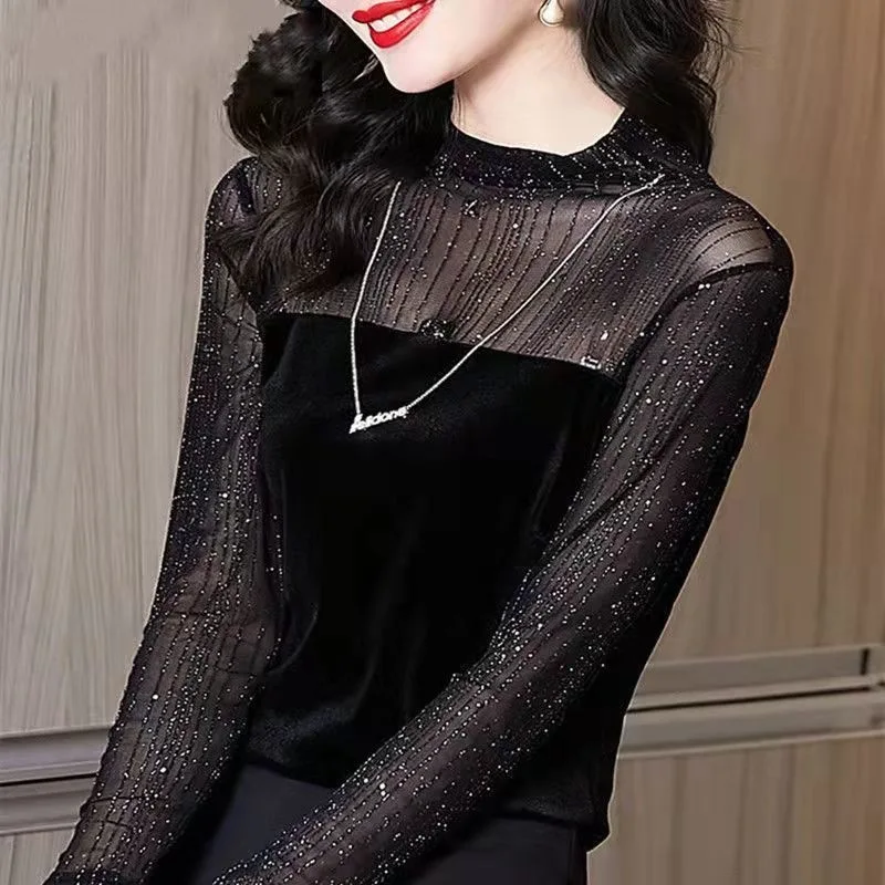 Fashion Patchwork Lace Women Tops Autumn Bright High Collar Transparent Long Sleeve Skinny T Shirt Tops Elegant Elastic T-Shirts