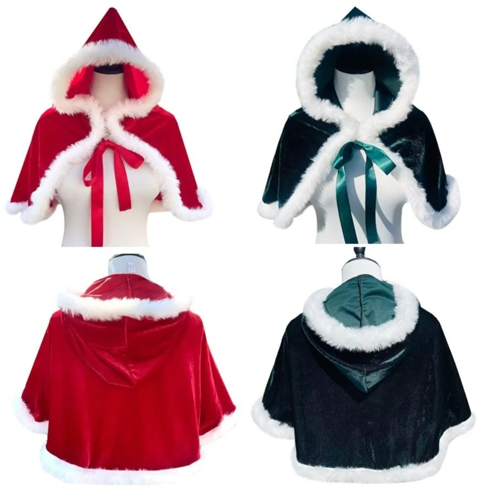 Soft Polyester Christmas Hooded Cloak Plush Thick Xmas Cape Windproof Cosplay Costume Santa Claus Costume Adult