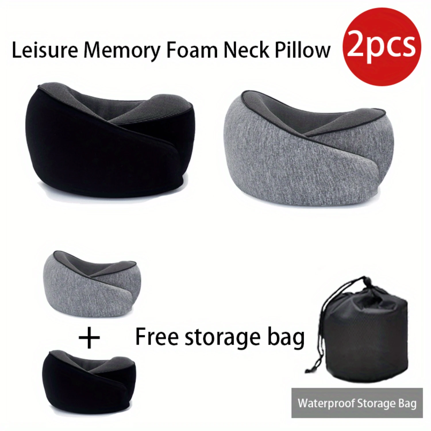 2PCS Travel Memory Foam Neck Pillow with  Bag  Soft, Adjustable U-Shaped Pillow for Airplanes, Cars, Offices &  Rest - Space Sav