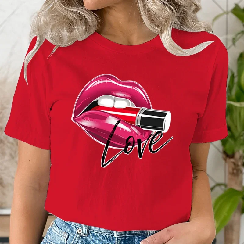 

Casual Tee Shirt Lady Clothes Top Short Sleeve Casual Fashion Tshirt Summer Female T Women Makeup Sexy Lips Graphic T-shirts