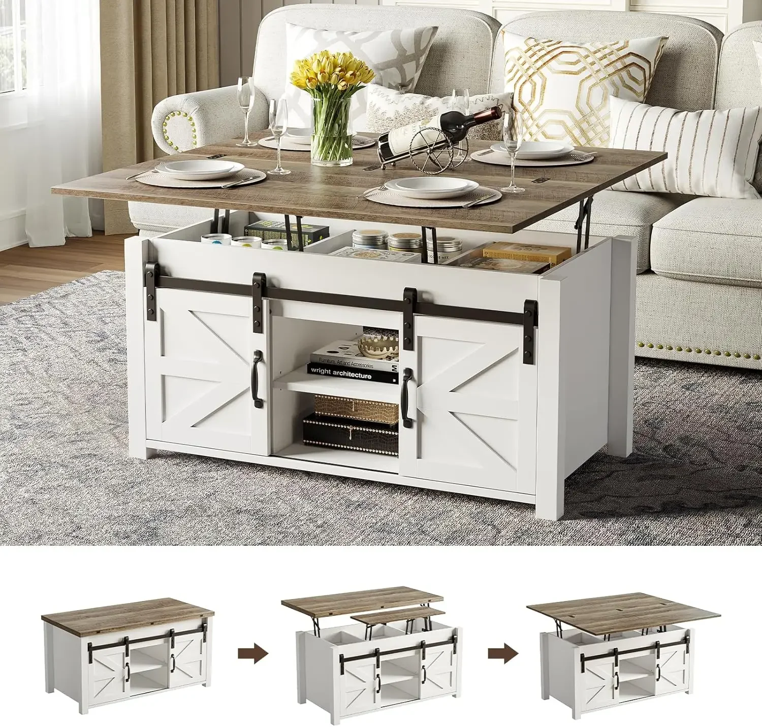 Coffee Table Lift Top, 4 in 1 Multi-Function Convertible Coffee Table with Hidden Compartment