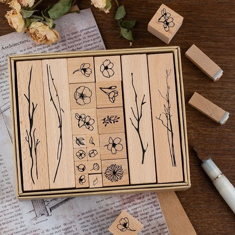 

DIY Decorative Flower Shape Stamp Wooden Strip Diary Seal 20pcs/set Custom Stickers