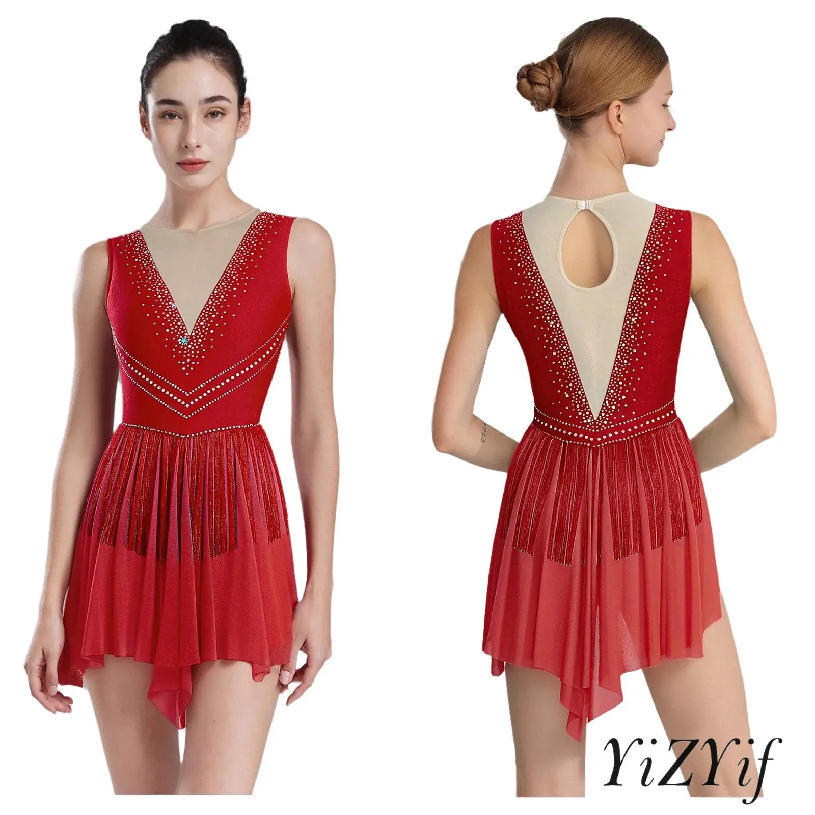 

Lyrical Women Rhythmic Performance Dress Rhinestones Sleeveless Leotard with Artistic Tassels Contrast Mesh Ballet Latin Costume