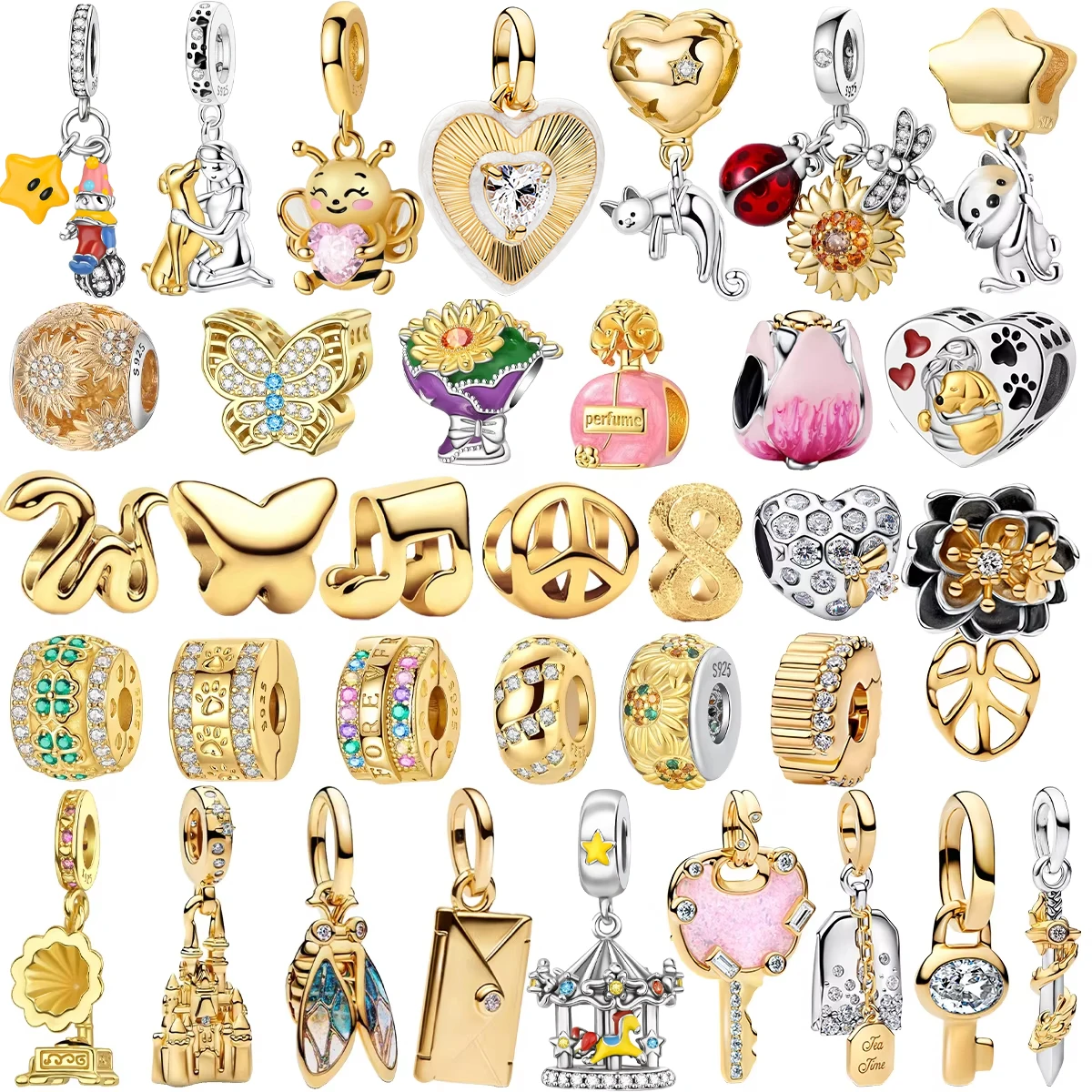 Oferta Imperdível: Berloques de Prata 925 com Coração Dourado, Abelha, Flor, Chave, Lua, Estrela, Contas para Pulseiras e Colares, Joias DIY para Mulheres, Presente.
