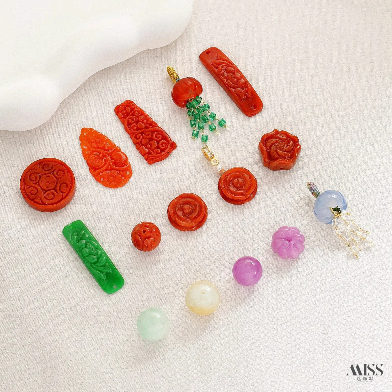 Natural Jade Round Beads, Red Jadeite Flower Charms, Peony, Rose, Lotus Slice, Water Drop Pendants, DIY Jewelry Accessories
